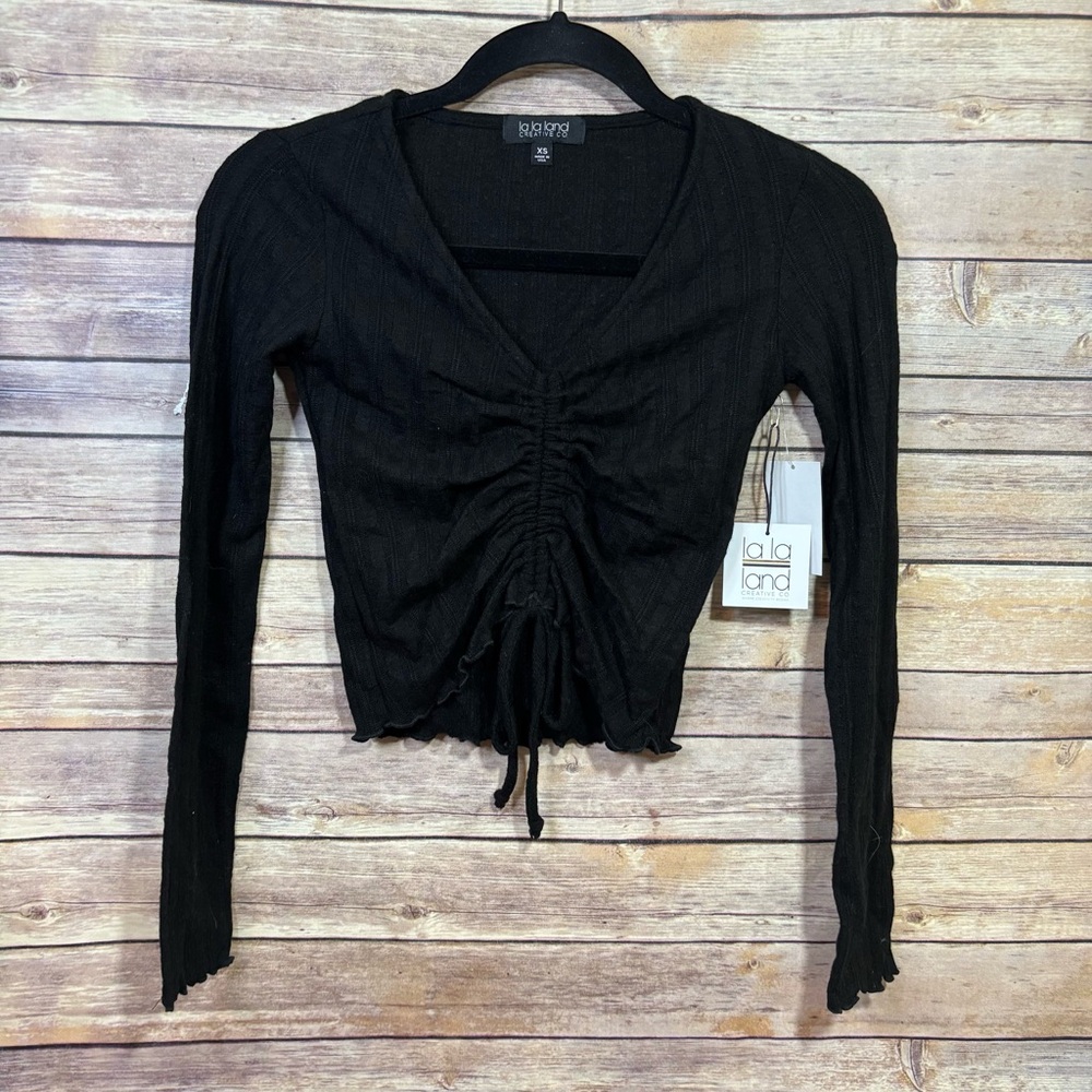 NEW La La Land Creative Black Ruched Top Long Sleeves Size XS V Neck